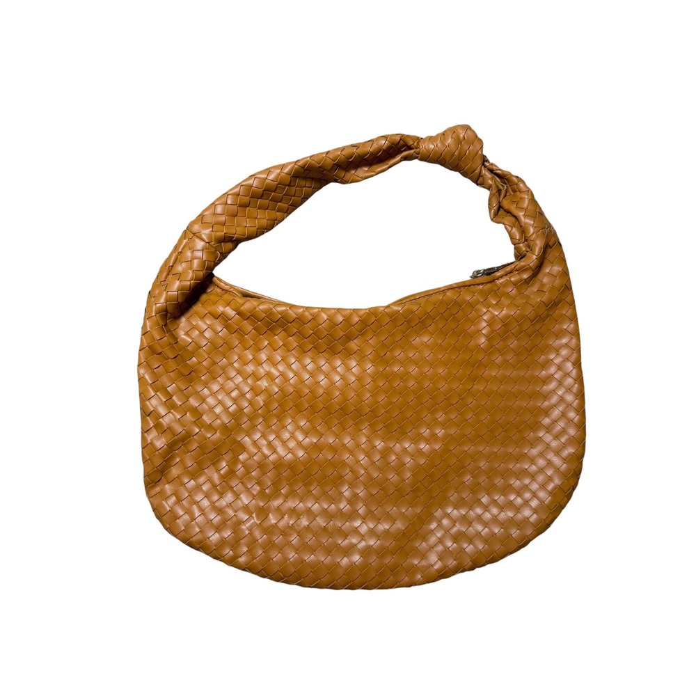 The Brigitte Satchel by Melie Bianco Woven Vegan Leather Shoulder Bag Carmel